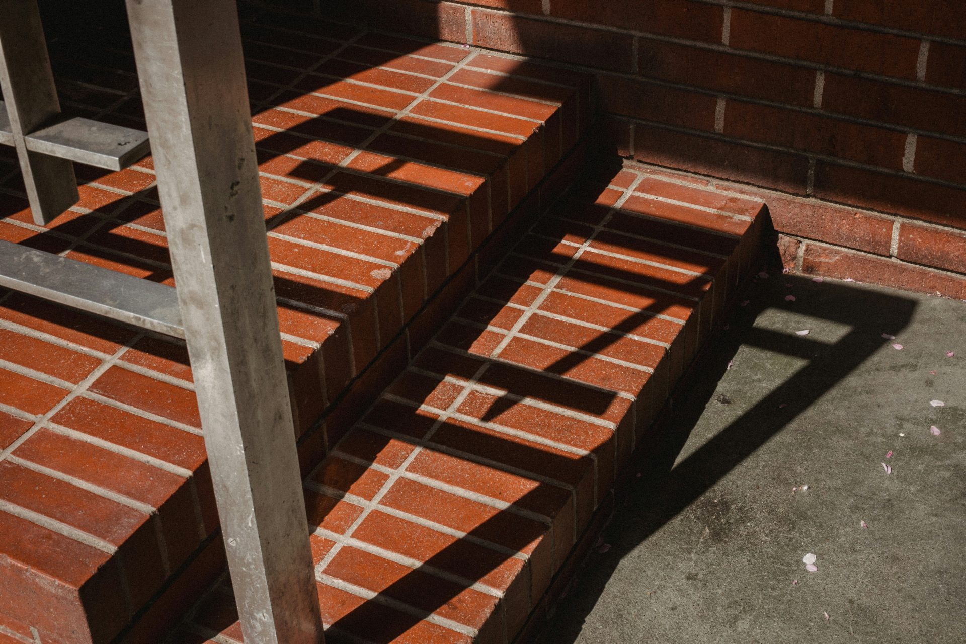 Ladder shadows fall on brick stairs.